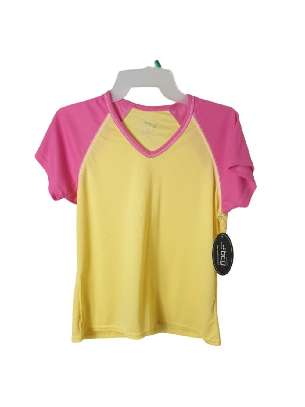BCG Girls Athletic Top M Yellow Pink V-Neck SS Casual Sporty Workout Athleisure